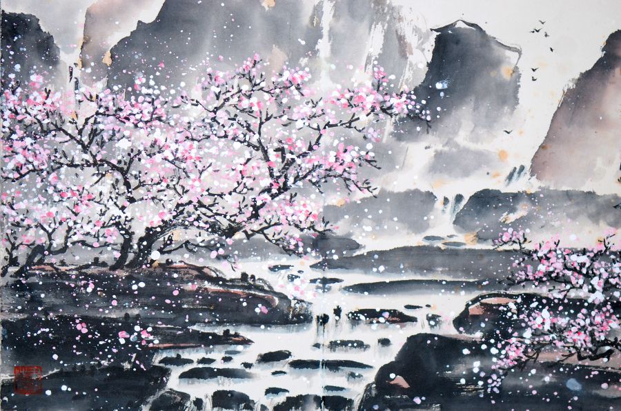 Картина на холсте Сакура и водопады, арт hd0485501