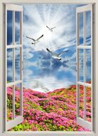 Фреска Окно, цветы, чайки
